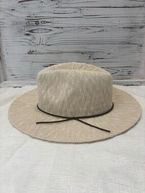 Cream Woven Fabric Fedora Hat | Leather Tie Band | S/M | Boho Minimalist